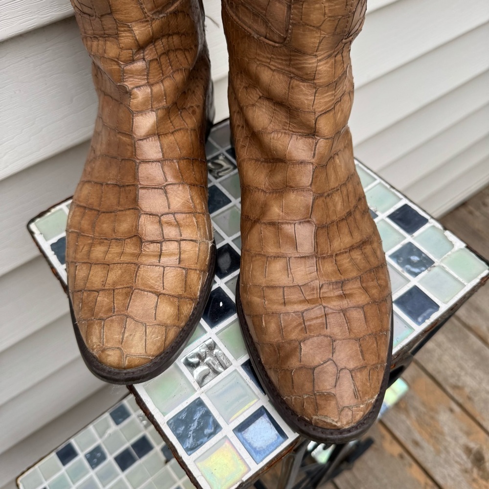 Stuart Weitzman Equine Croc-Embossed Knee Leather Boots Espresso Brown Size 8.5 - Picture 6 of 14